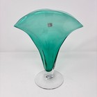 Vintage Blenko 11-3 4  1980s Glass Teal Seafoam Green Fan Vase With Sticker