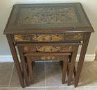 Set Of Three Vintage Wood Carved Asian Nesting Tables   Glass Inserts