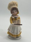 Vintage Schmid Girl In Yellow Dress Pincushion Bonnet And Thimble Holder