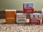 Lot Of 8 Spice Tins Schilling  Durkee  Red Owl Nutmeg  Sage  Ginger Vtg Empty