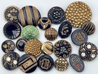 22 Antique   Vintage Black Glass Buttons W  Gold Luster  Incl Buckle  Paste    