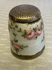 Antique Vintage 830 Continental Silver Guilloche Enamel Thimble Pink Roses