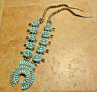 28  Vintage Navajo Sterling Silver Petit Point Turquoise Squash Blossom Necklace