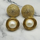 Vintage Napier Clip On Earrings Lot Gold Tone Woven Dome Faux Pearl Button Set