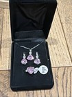 Vintage 16    Silver Tone Pink Stones Necklace Earrings   Size 7 Ring Set