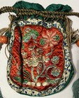 Antique Chinese Qing Dynasty Embroidered Silk Phoenix Bird   Trees Pouch Purse