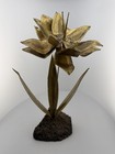 Vintage Brutalist Torch-cut Metal Flower Sculpture With Lava Rock Base Gold Tone