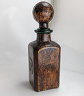 Vintage Italian Engraved Leather Wrapped Decanter Green Glass Liquor Bottle