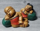 Large Antique Vintage Chinese Hand Carved Wooden Figurines Sleeping Boy   Girl