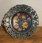 Vtg Ornate Solid Brass Pedestal Bowl Inlaid Painted Floral Pattern W pierced Rim