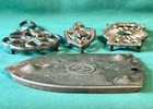 4 Cast Iron Tin Trivets Mini Sad Flat Iron Stove Lifter Wilton Canada Flower Vtg