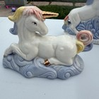 2 Vintage Ceramic Rearing Unicorn Figurine Iridescent Blue White Rainbow Mcm