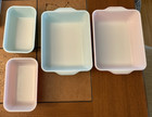 1950 s - 4 Pyrex Bakers  0502   0503 Pink   Turquoise Blue 1 Lid Some Wear