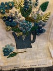 Vintage Finished Crewel Embroidery Water Can Planter Flowers Leaves Blue