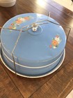 Vintage Mid Century Blue With Flowers Metal Cake Pie Carrier  Handle Glass Knob