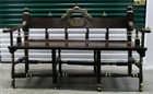 Antique Three Seat Ornate Carved Wooden Bench Black Gold Scroll Floral Accents 