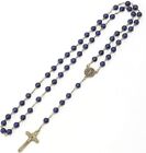 Natural Lapis Lazuli Stone Rosary Beads Necklace St  Benedict Cross And Medal