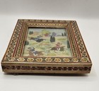Vintage Persian Mughal Warriors Painting In Khatam Marquetry Inlaid Wood Frame