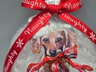 Christmas Snow Globe Style Ornament - Dachshund Dog - Brown Red Santa Hat Ribbon