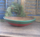 Early  Antique Wood Dough Bowl W Double Rim Red   Green Milk Paint 12-1 2 