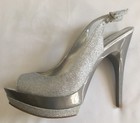 Bakers Flash Silver Glitter Platform Stiletto Peep Toe Shoes Heels Size 8 5 M