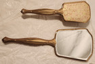 Vintage Gold Tone Hollywood Regency Vanity Hand Mirror   Brush Set