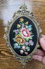 Vintage Petit Point Floral Needlepoint Piece Ornate Oval Gold Metal Frame 6   
