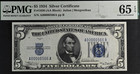 1934  5 Silver Certificate Pmg 65epq Blue Seal Low Serial 00000566