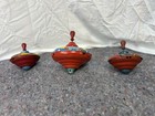 3 Antique 1950   s Spinning Top Metal Tin Lithograph Print Wood Handle Ohio Art