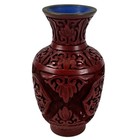 Vintage Chinese Red Carved Floral Cinnabar Lacquered Vase Brass W Blue Enamel 4   