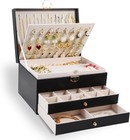 Large Jewelry Box 3 Layer Black Leather Organizer Storage Case Lockable Gift
