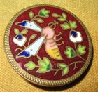 Antique Victorian Pictorial Enamel Button W Bumblee Bee Insect Flowers - 1 1 16 