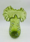 Antique C 1880 Bohemian Green Ruffled Glass Vase With Hand Painted Floral Enamel