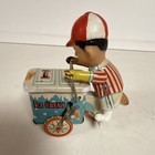 Vintage Tin Wind-up Ice Cream Vendor Toy With Cart Red White Striped Outfit