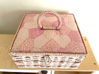 Vintage Singer Pink Woven Sewing Basket Japan Handle Quilted Fabric Satin Lined