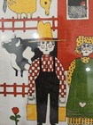 Vtg Custom Metal Framed 1985 Linen Towel  Farm Family Barn   Animals Folk Art 