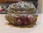 Vintage Goofus Glass Vanity Powder Puff Jar Trinket Box Red gold Rose As Is