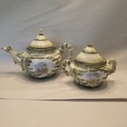 Germany Antique Majolica   Sugar Bowl   Creamer With Lids Hand Painted Handles