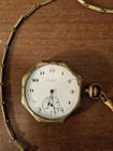 Elgin Open Face Pocket Watch Mechanical Manual Gold Plated White Dial Chain