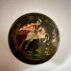 Hand Painted Russian Lacquer Round Trinket Box Folklore Horse Rider Bird Vintage