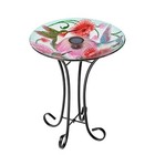 Solar Glass Bird Bath W metal Stand-hummingbird  poppies Summer Garden Decor