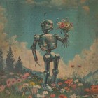 Vintage Robot Flowers Wall Art  Sci-fi Botanical Decor  Robo Floral Poster Print