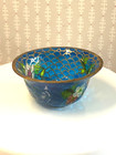 Vtg Plique A Jour Blue Glass W pink Grn Floral Cloisonn   Bowl Gold Metal Enamel