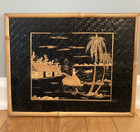 Lot Of 3 Vintage Asian Bamboo Straw Framed Art House Boat Palm Tree