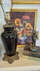 Vintage 22  Black Amethyst Glass Brass Lamp C 1920 Floral Footed Working classic