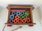 Vintage Playskool Colorol Wooden Pull Wagon 13 Blocks 2 Rods 16 Piece Toy Set