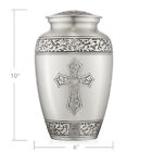 Adult Cremation Funeral Urn For Human Ashes  Pewter Etched Cross With Velvet Bag