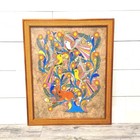 Retro Mexican Amate Bark Painting 1970 s Psychedelic Rattan Frame Folk Art Birds