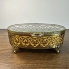 Vtg Matsons Jewelry Box Casket Beveled Glass Lid Gold Tone Filigree Trinket Ft