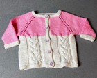 Hand Knit Baby Girl Sweater Cardigan 6-12 Months  22  Chest  Pink White Button